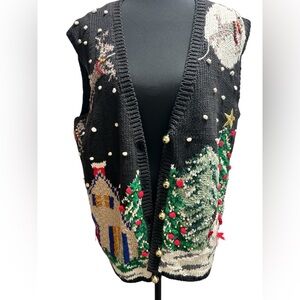 Casual Corner Black Holiday Christmas Tree & House Knit Vest